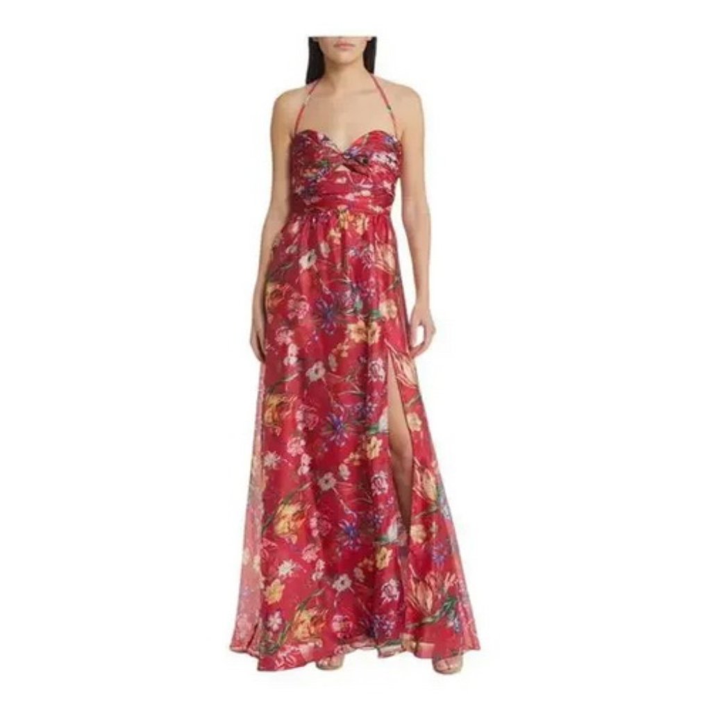 Marchesa Notte Red Cutout Floral-Print Sweetheart Charmeuse Gown